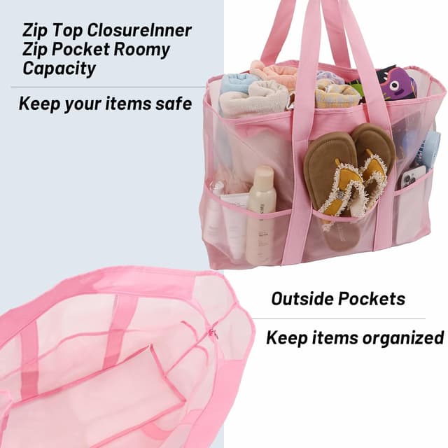 Detalle de Aitann Women’s Large Clear Beach Tote Bag with Zip (Waterproof Mesh) – Pink, 63x34x20cm