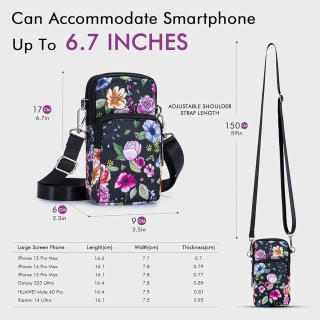 Detalle de BAGZY Portacellulare da collo da donna in nylon fino a 6,7 pollici, borsetta a tracolla con tracolla rimovibile