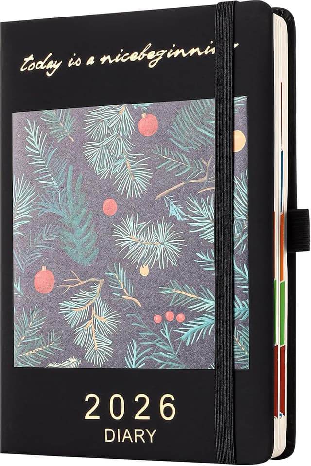 Detalle de Diary 2026 Day to Page A5 Organiser (Jan–Dec 2026) with Pen Holder, Coloured Side Tabs and Inner Packet