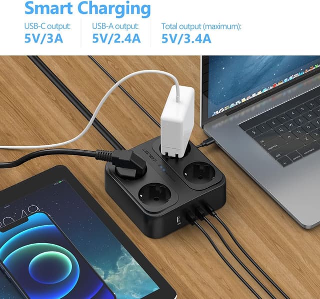 Thumbnail 4 de JSVER Ciabatta multipresa con 4 scomparti, 3 USB-A e 1 USB-C (con interruttori) + cavo 1,8 m