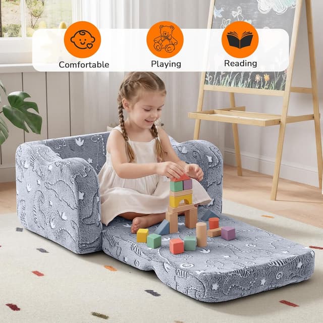 Detalle de MeMoreCool Glow-in-the-Dark Dinosaur Kids Couch (2-in-1 Foldable Lounger) for Ages 1–3
