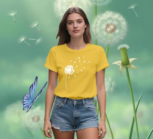 Detalle de Qskall women’s dandelion flower casual t-shirt – soft loose-fit summer tee