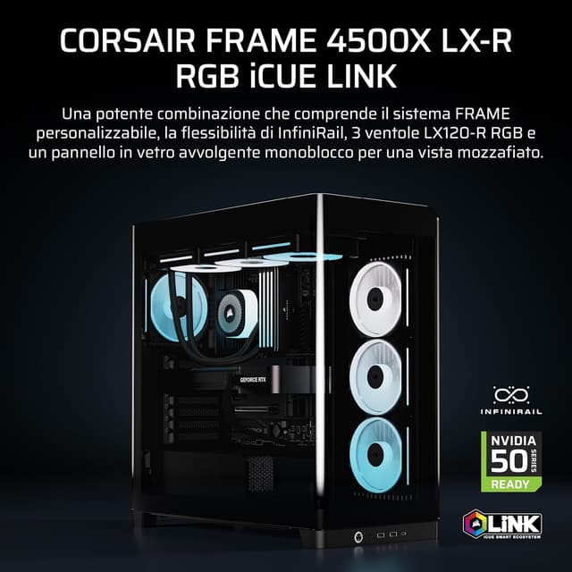 Detalle 2 de CORSAIR Frame 4500X LX-R RGB LINK, mid-tower con vetro panoramico e sistema InfiniRail, include 3 ventole LX120R RGB LINK