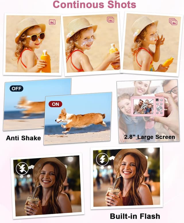 Detalle 2 de Camkory 4K 64MP Digitalkamera mit Dual-Kamera, Autofokus, Blitz & 16x Zoom (rosa)