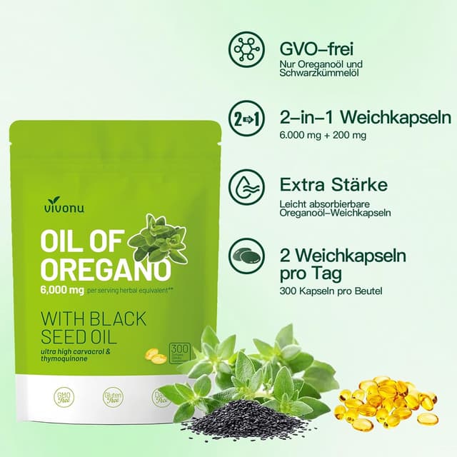 Detalle de VivoNu Oregano Öl Kapseln – 300 Weichkapseln mit 6000 mg Oreganoöl, 200 mg Schwarzkümmelöl & 165 mg Carvacrol