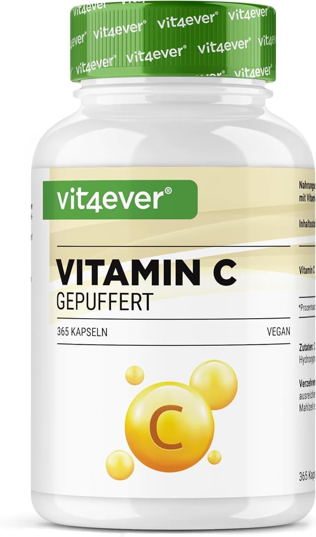 Detalle de vit4ever Vitamin C gepuffert 1000 mg (pH-neutral, säurefrei) – 365 vegane Kapseln