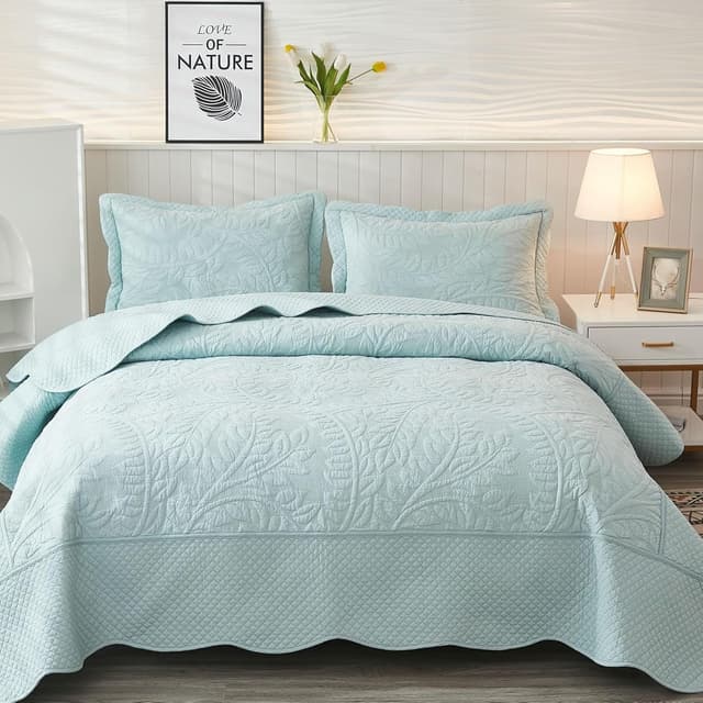 Detalle de MarCielo 3-Piece 100% Cotton Oversized Bedspread Quilt Coverlet Set (Aruba Blue) — Oversized King