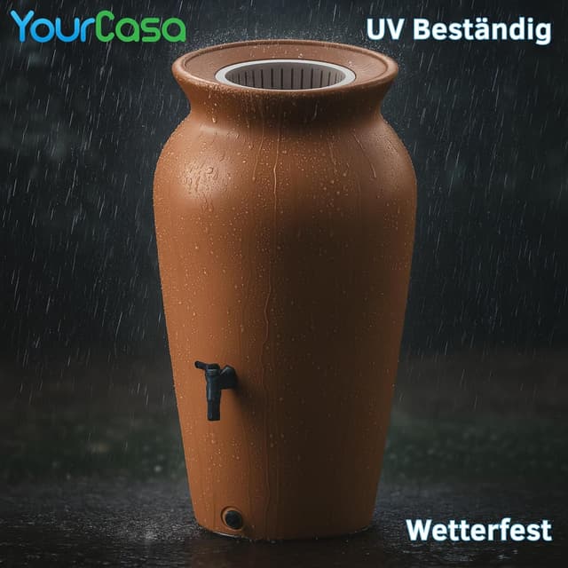 Detalle de YourCasa Regentonne 230 l „DropCatcher“ mit Filterkorb & Wasserhahn, frostsicherer Kunststoff (Terracotta)
