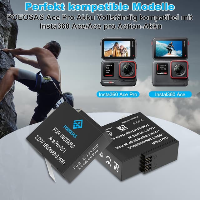 Detalle 2 de POEOSAS 360 Ace Pro Ersatzakku-Set (2er-Pack) mit 3-Slot LCD-Ladegerät für insta360 Ace Pro/Ace Pro