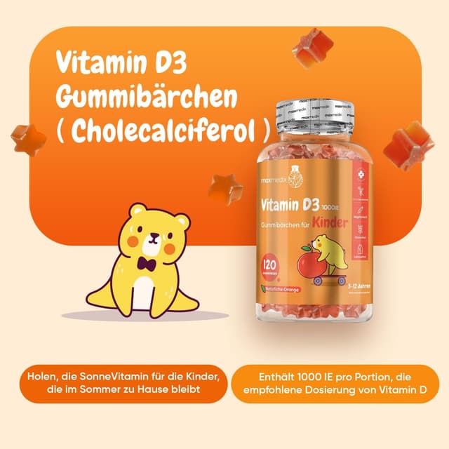 Detalle 2 de maxmedix Vitamin D3 Kinder Gummibärchen mit Orangengeschmack (1.000 IE, 120 Stück) – für Kinder von 3 bis 12 Jahren