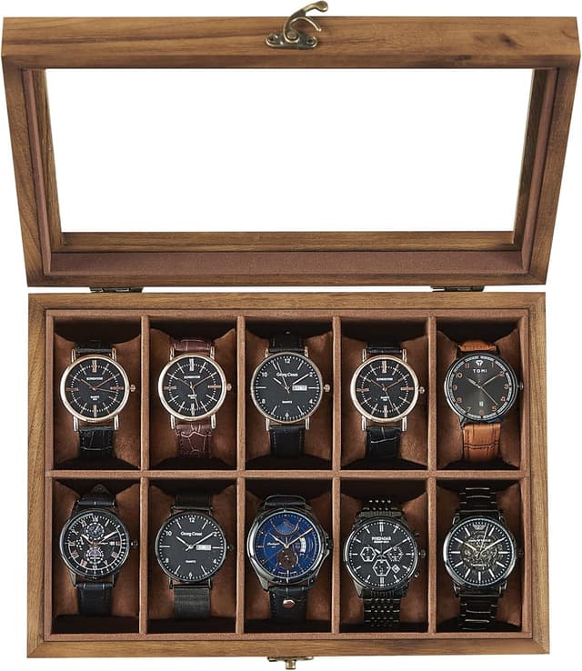 Detalle de SONGMICS JOW100K01 10-slot solid wood watch box with large glass lid