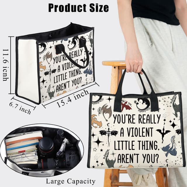 Detalle de PLITI Fourth Wing tote bag – Dragon Rider quote design for fans (soft canvas, waterproof coating)
