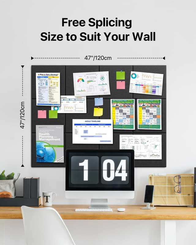 Detalle 2 de Soundsbay Large Cork Board Felt Wall Tiles (120x90cm), Self-Adhesive Pin Board Tiles – 12 Pack