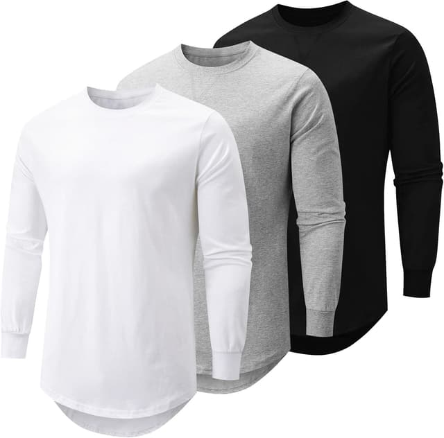 Detalle 2 de Mancozy Men’s Longline Crewneck Long-Sleeve T-Shirts (3-Pack) for Casual Hip-Hop & Hipster Style