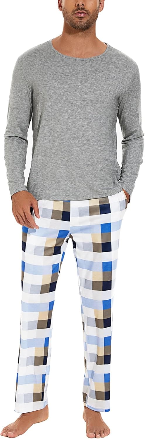 Detalle 2 de Uniexcosm Ensemble de pyjama homme en coton (95 % coton, 5 % élasthanne) à manches longues et poches latérales