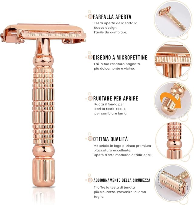 Detalle de Kanzy rasoio di sicurezza a farfalla a doppio filo Rose Gold per donna e uomo (manico lungo, monolama classico tradizionale)