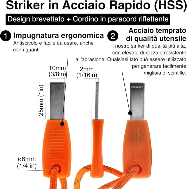 Detalle de aZengear Accendifuoco Firesteel Ferrocerio XXL con raschietto HSS e paracord fluorescente
