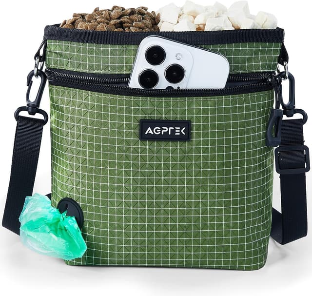 Detalle de AGPTEK sac à friandises pour chien avec fermeture magnétique et compartiments amovibles, vert