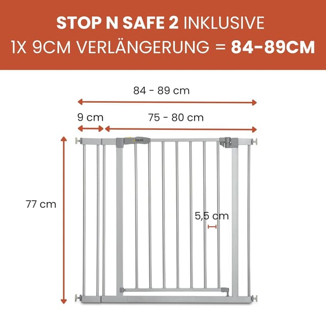 Detalle de hauck Stop N Safe 2 Sicherheitsgitter (silber) für 84–89 cm Öffnungsbreite – ohne Bohren, manuelle 1-Hand-Öffnung