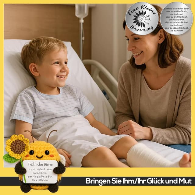 Detalle de Tixlux Pocket Hug Fröhliche Biene mit Sonnenblumenstrauß – Strick-Dekofigur & Umarmungs-Glücksbringer