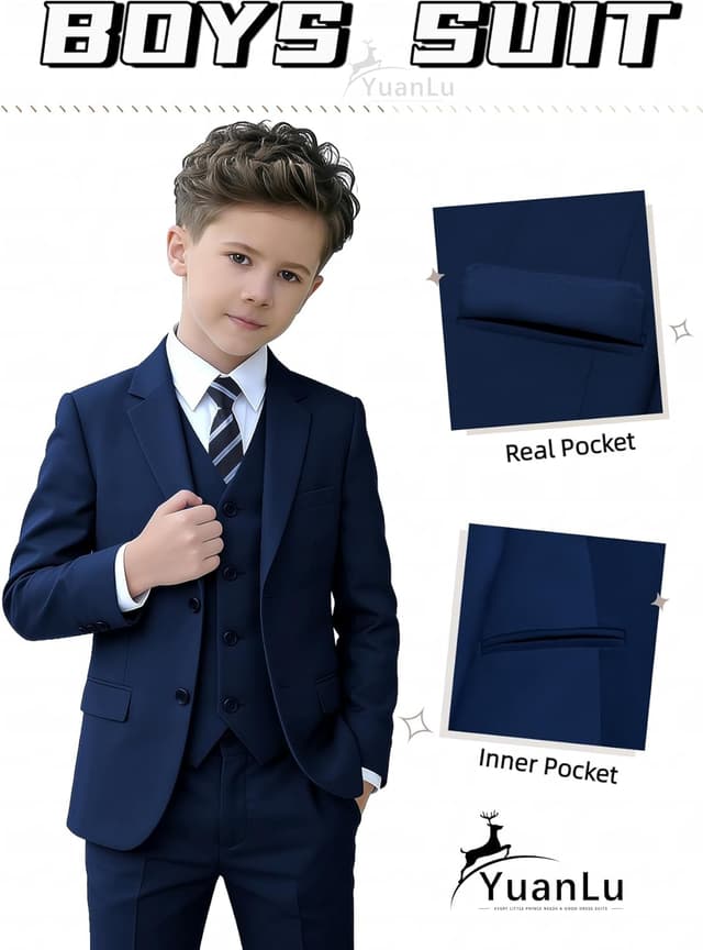 Detalle de YuanLu Boys Navy Tuxedo Suit (5-Piece) for Ring Bearer, Wedding & Formal Events