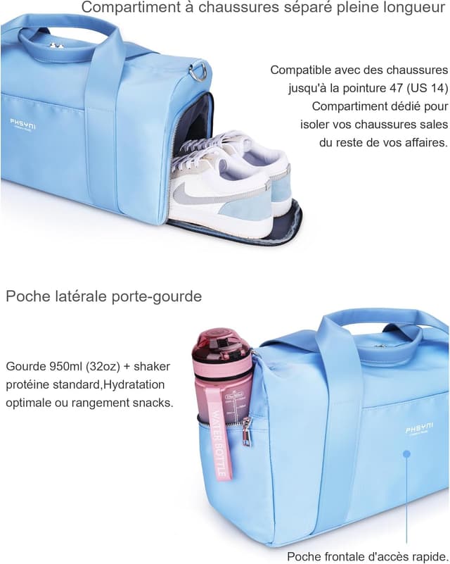 Detalle 2 de PHSYNI Sac de sport femme 19 pouces : sac de voyage 25 L avec compartiment à chaussures et poche imperméable