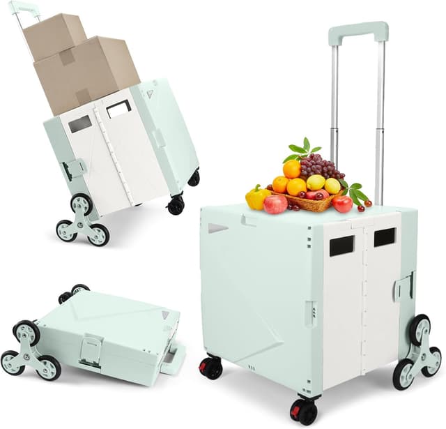 Detalle de Foldable Utility Cart Shopping Trolley Box with Stair-Climbing Wheels, Adjustable Handle & 55L Capacity (Light Green)