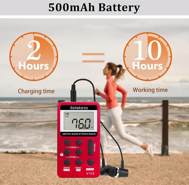 Detalle 2 de Retekess V112 Mini Radio Portatile AM/FM ricaricabile con cuffie stereo (Rosso) – per corsa, viaggi e uso quotidiano