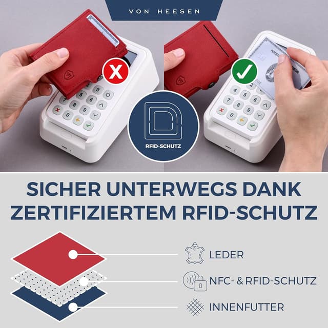 Detalle de VON HEESEN Slim Wallet Rot Saffiano – RFID-geschütztes Slim-Format