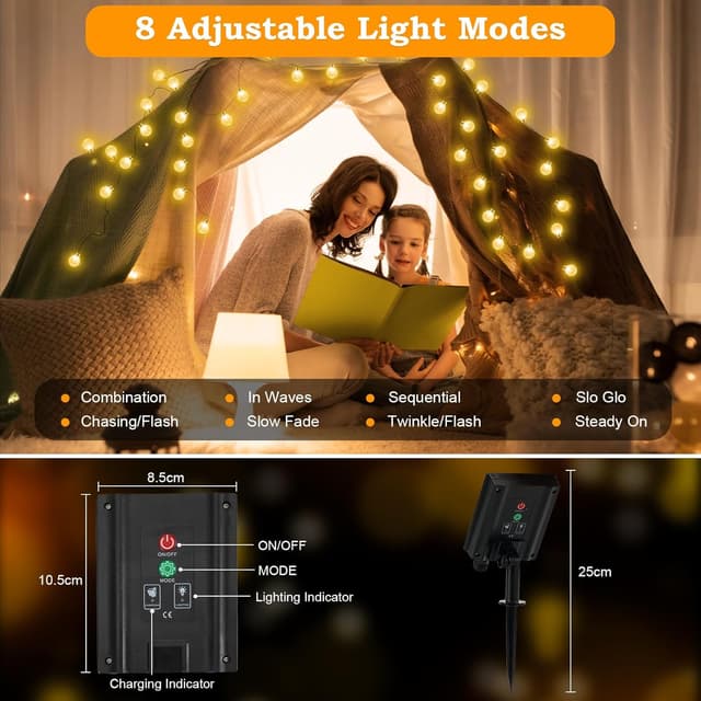 Detalle de Realky Catena Luminosa Solare da Esterno 200 LED 27 m con 8 modalità e memoria, IP65 (bianco caldo)