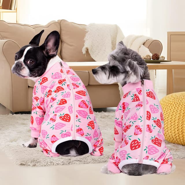 Detalle de Blue Dream Island Dog Surgery Recovery Suit (Male/Female) – Pink Strawberry Onesie for Small/Medium Dogs