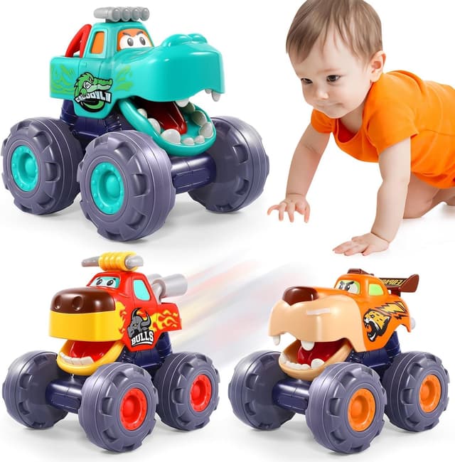 Detalle de OCATO Pull Back Monster Truck Toy Cars for 12–18 Months (3-Pack) — Gifts for 1-Year-Old Boys
