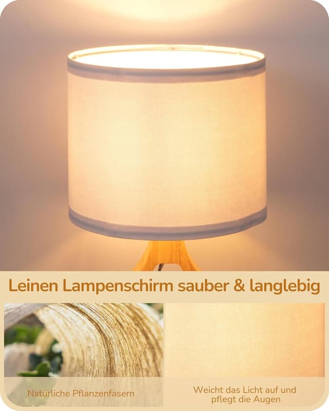 Detalle de EDISHINE Nachttischlampe aus Holz mit Leinen-Schirm und E27-Fassung, 34 cm, weiß