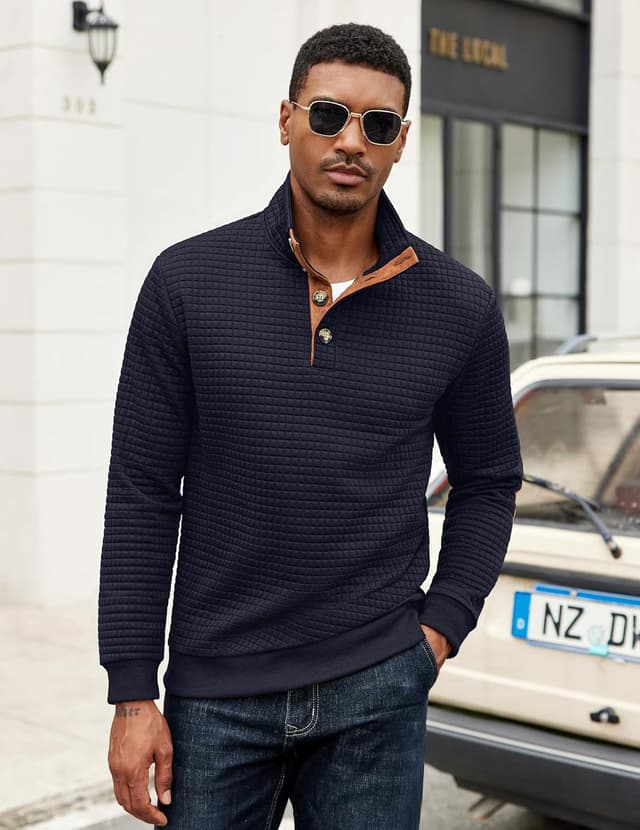 Detalle de COOFANDY Winter Sweatshirt für Herren mit Waffel-Struktur, Kragen mit Knöpfen und langem Arm