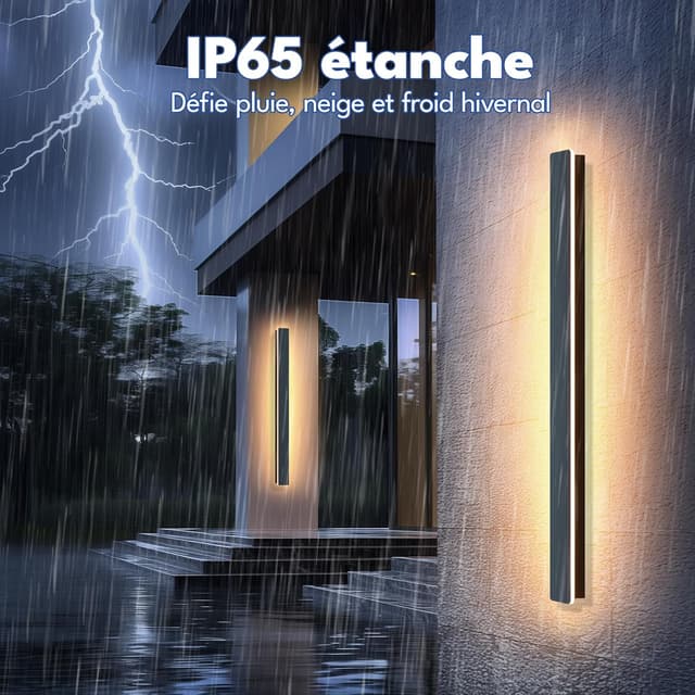 Detalle de Applique murale LED noire étanche IP65 longue 12W (3000 K) en métal pour intérieur/extérieur