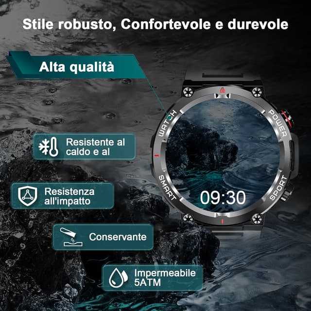 Detalle 2 de IOWODO Smartwatch Uomo con chiamate Bluetooth, cardio, SpO2 e 100+ modalità sport