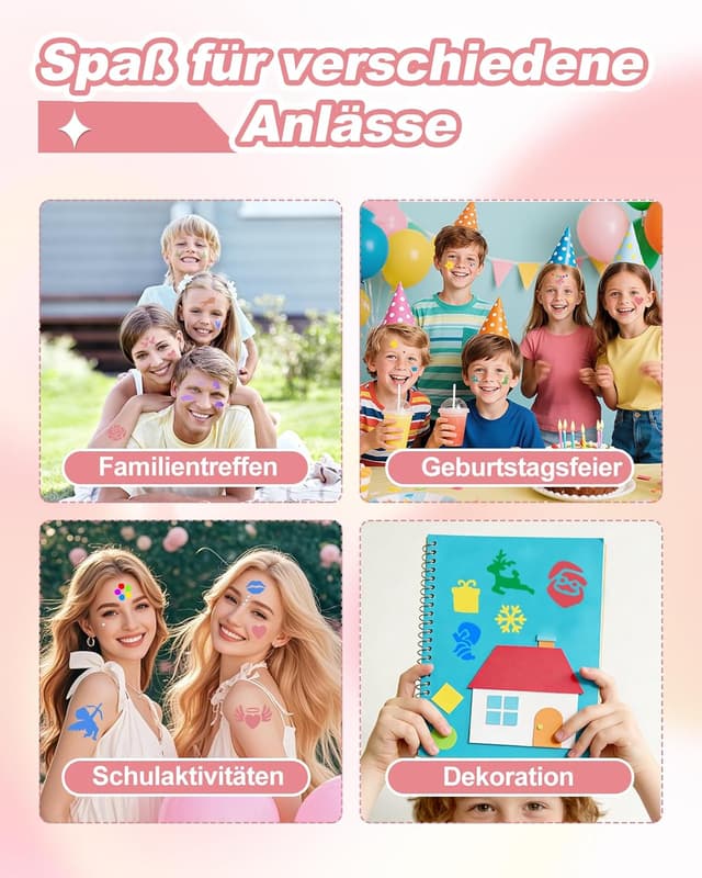Detalle 2 de Oiovnivn Tattoo Stifte Kinder – Glitzer-Set Dual-End mit 15 Markern, 78 Schablonen und 2 Gesichtsstickern