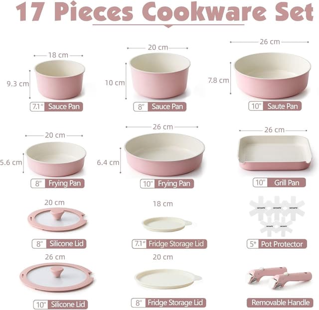 Detalle 2 de SENSARTE Keramik Topfsets Pfannenset 17-teilig – Antihaft-Kochgeschirr mit abnehmbarem Griff (Rosa)