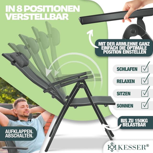 Detalle de KESSER Gartenstuhl Hochlehner mit Armlehnen – Aluminium Klappstuhl mit Kopfkissen, Abdeckung & 7-fach verstellbarer Rückenlehne