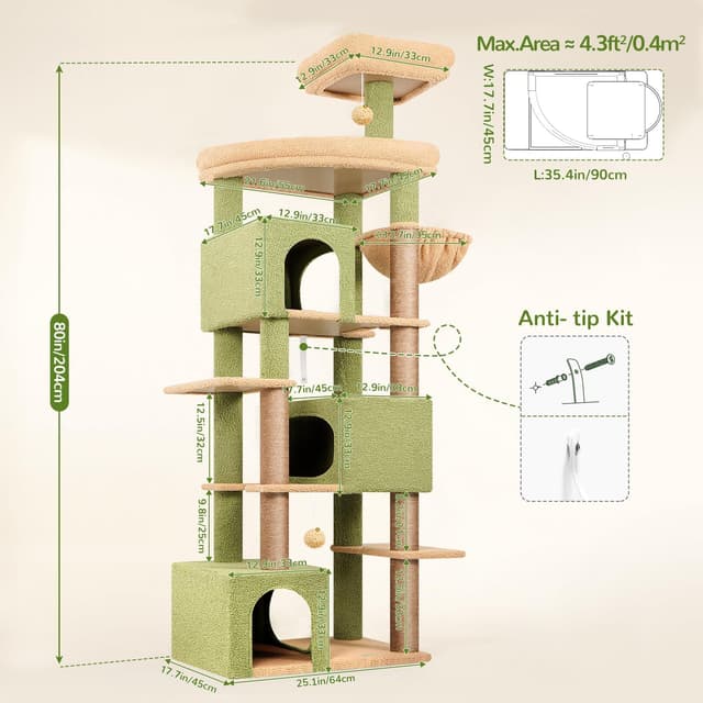 Detalle de Globlazer Tiragraffi per Gatti Cactus Verde XXL alto 203 cm con 3 grotte, piattaforma e 6 tiragraffi in sisal