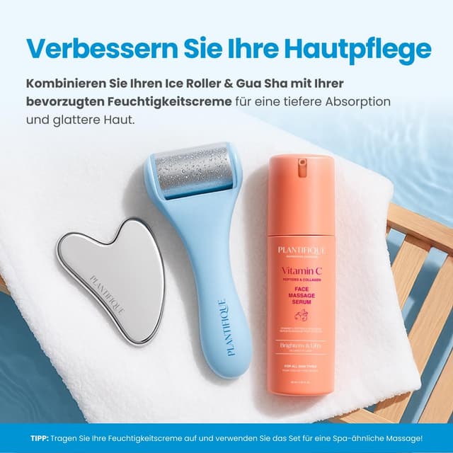 Detalle de PLANTIFIQUE Ice Roller & Gua Sha Edelstahl-Set für Gesichtsmassage – kühlender Beauty-Tool zur Lymphdrainage & Hautstraffung