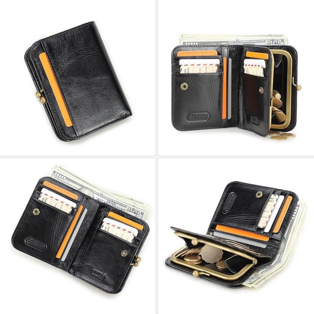 Detalle 2 de CONTACTS women’s RFID blocking slim wallet with kiss lock coin purse – genuine leather compact bifold (black)