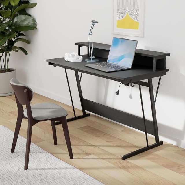 Detalle 2 de VASAGLE Scrivania da gaming LWD192B56 con luci LED, supporto per 2 monitor e prese di corrente, 60 x 120 x 76 cm