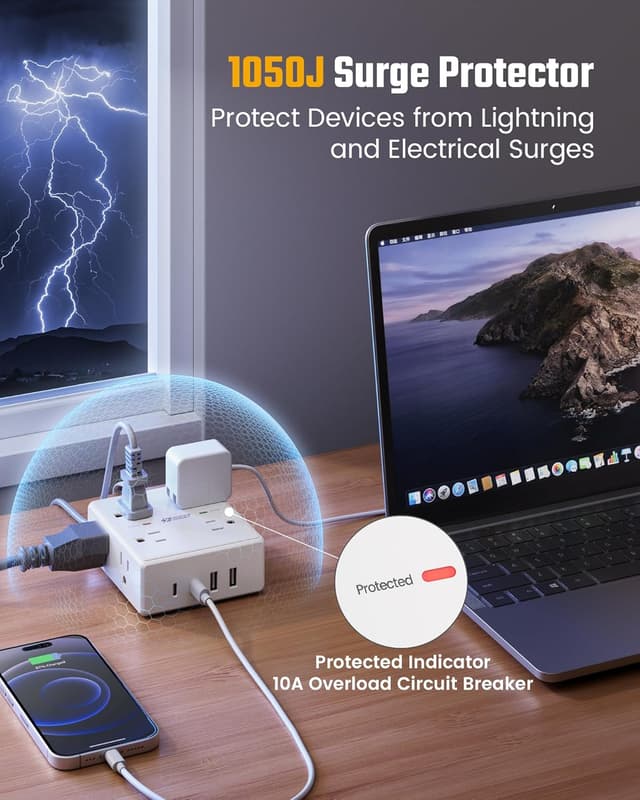 Thumbnail 5 de 10ft Power Strip Surge Protector with 8 Outlets & 4 USB ๐