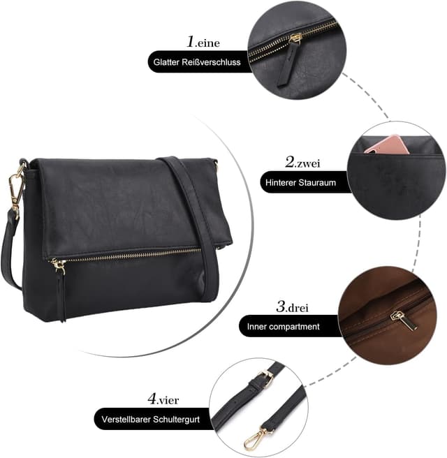 Detalle 2 de Gladdon Umhängetasche Damen klein: Crossbody-/Clutch-Tasche aus veganem PU-Leder (Schwarz)