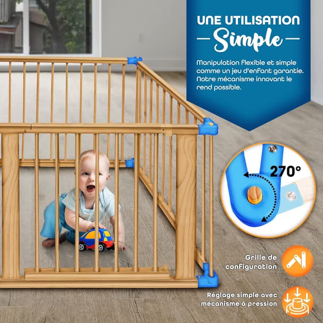 Detalle 2 de KIDUKU Barrière de sécurité Parc bébé XXL 7,2 m en pin massif (7,2 mètres, pliant) avec porte