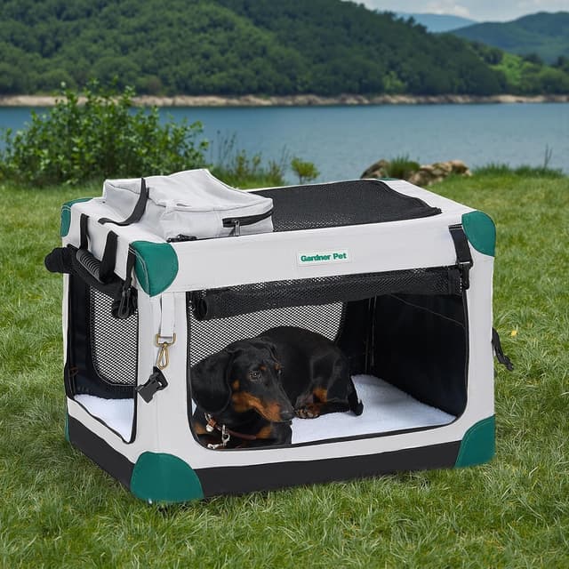 Detalle de Gardner Pet faltbare Hundebox 66x48x48 cm – Hundetransportbox mit Tragegriffen, Decke & Aufbewahrungstasche (bis 15 kg, grau)