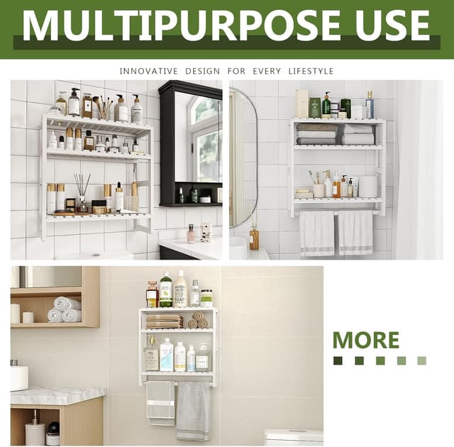 Detalle 2 de Bamworld 3-Tier Adjustable Bamboo Over-the-Toilet Rack Shelf Storage (White)