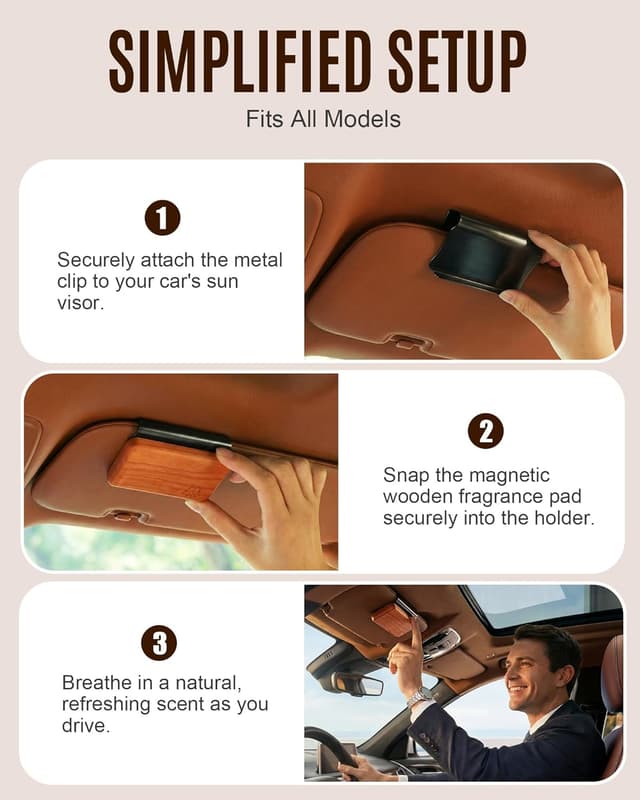 Detalle 2 de Natural Wooden Car Air Freshener Visor Clip (Teak/Coconut/Amber) with Refillable Wood Chips