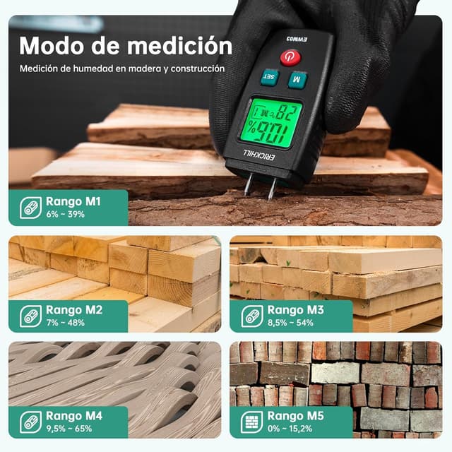 Detalle de Medidor de Humedad ERICKHILL para Madera y Construcción 🪵